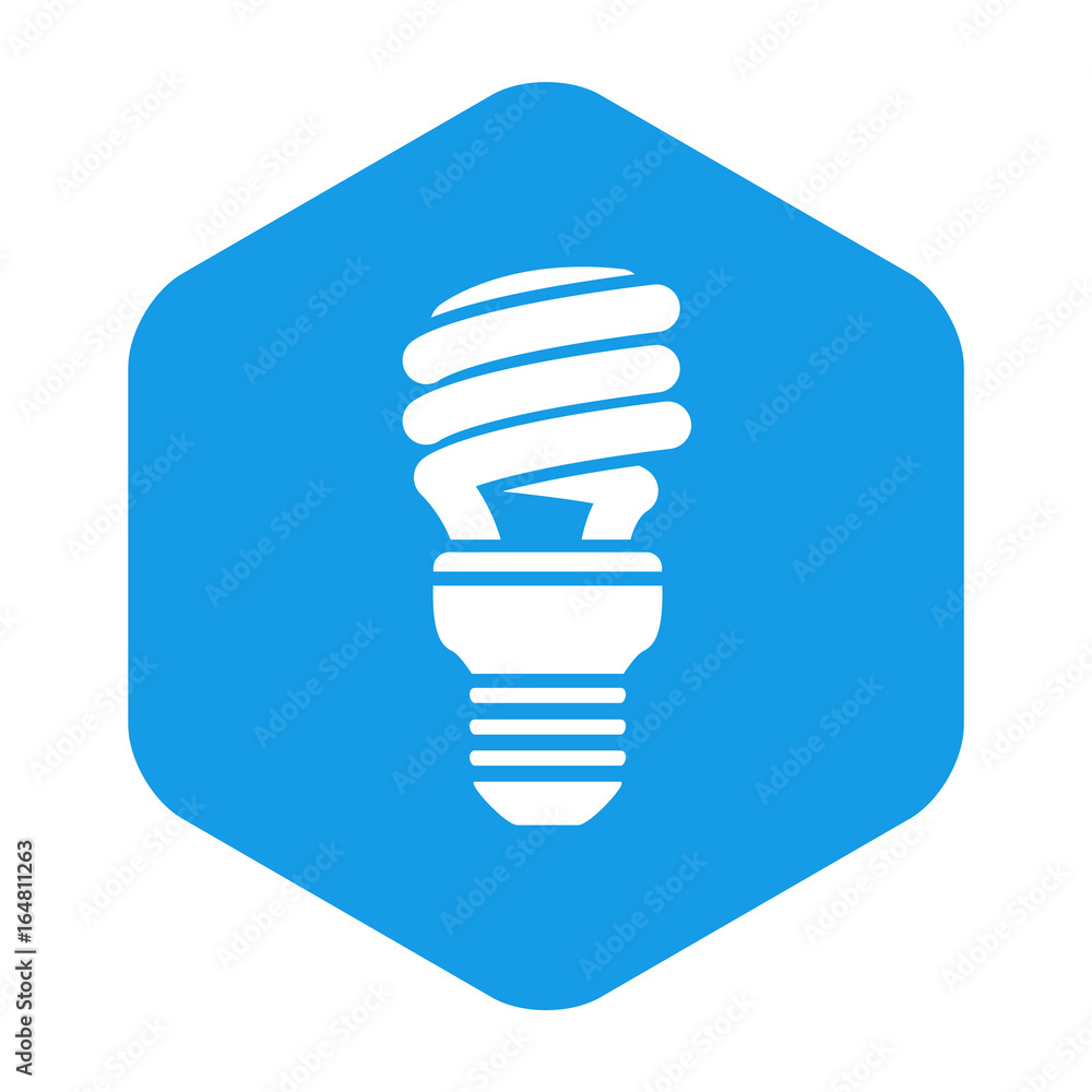 Icono plano bombilla bajo consumo en hexágono azul Icono plano bombilla bajo consumo en hexágono azul