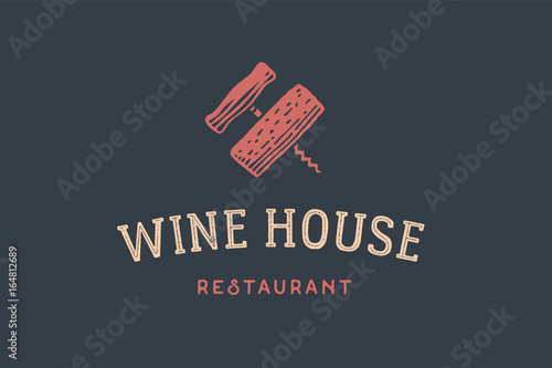 Label of wine restaurant with Cork, Corkscrew and text Wine House. Logo template for bar, cafe, restaurant in wine theme. Logo, signs, labels, identity, badges for business brands. Vector Illustration