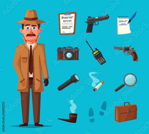 Funny detective character. Cartoon vector illustration