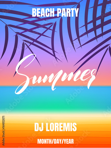Summer party. Poster with ocean, sand beach, blue sky and sun. Summer background with hand lettering