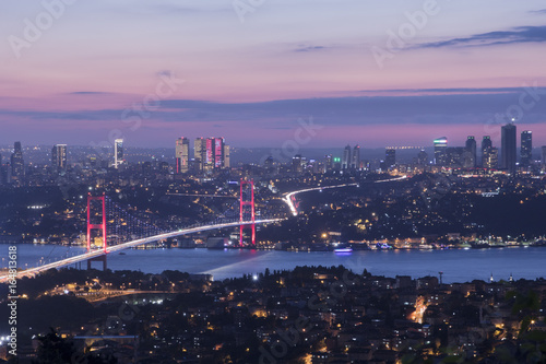 Panorama of Istanbul and Bosphorus bridge at night, Istanbul, Turkey