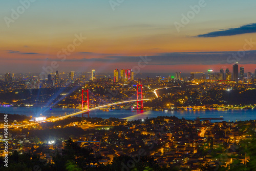 Panorama of Istanbul and Bosphorus bridge at night, Istanbul, Turkey