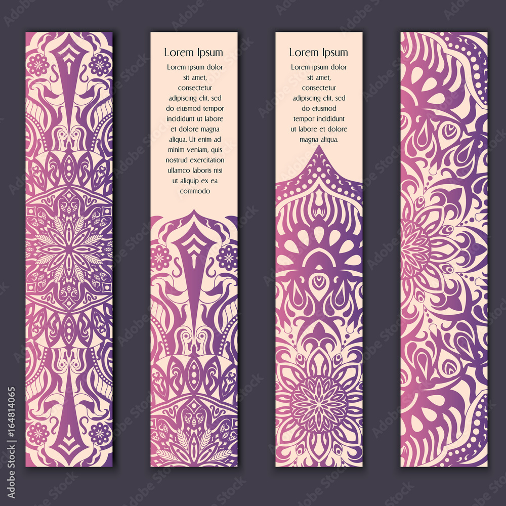 Card set with floral lace decorative mandala elements background. Asian Indian oriental ornate banners Card set with floral lace decorative mandala elements background. Asian Indian oriental ornate banners