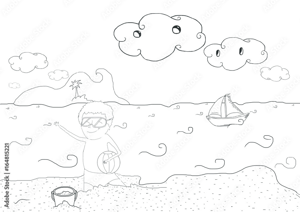 Drawing plate for kids with summer holiday atmosphere and a child playing on the beach Drawing plate for kids with summer holiday atmosphere and a child playing on the beach