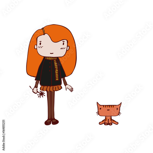 Hand drawn illustration of a little girl with long hair, holding flower, in Mary Jane shoes, coat, scarf, and a striped kitten, vintage colors.