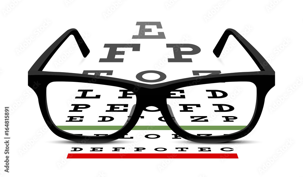 eye glasses and eye chart on white background eye glasses and eye chart on white background