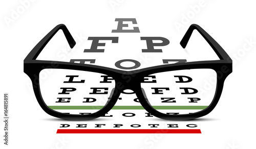 eye glasses and eye chart on white background