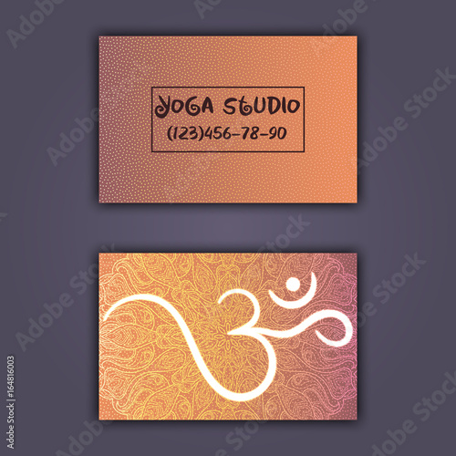 Business card for yoga studio or yoga instructor. Ethnic background with mandala ornament and ohm