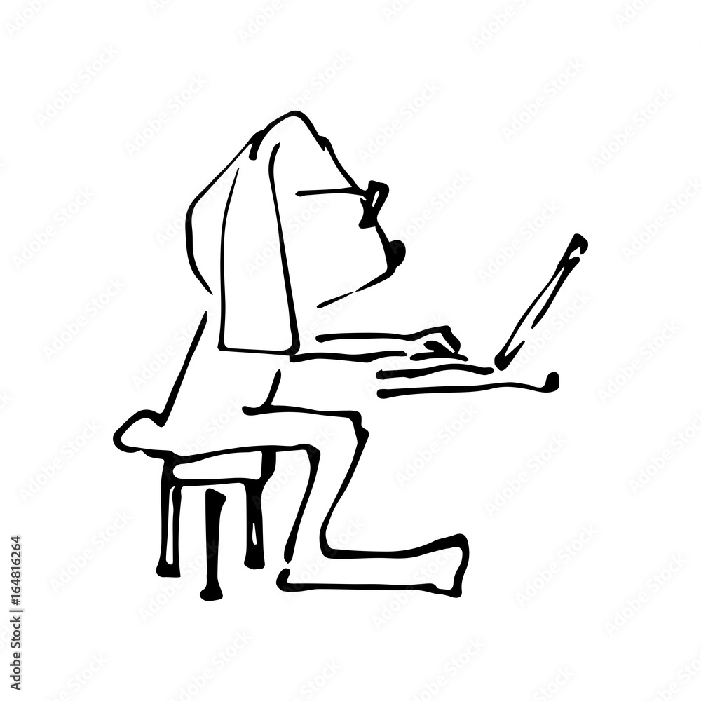 Hand drawn black and white illustration of a serious hipster cartoon rabbit in glasses working on laptop, sitting. Hand drawn black and white illustration of a serious hipster cartoon rabbit in glasses working on laptop, sitting.