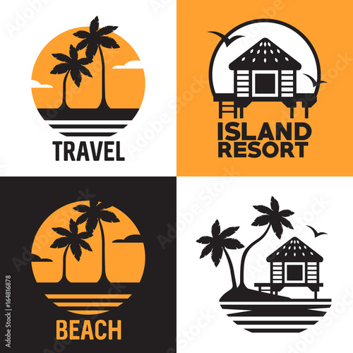 Set of logotypes with bungalow, palmes, sea and sun. Flat vector image.