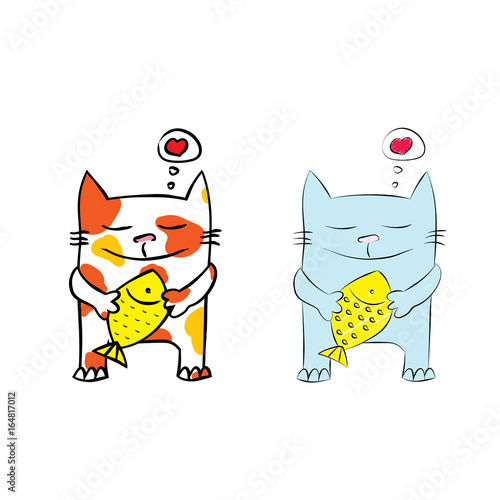 Hand drawn illustration of a happy fat cartoon cat holding fish pie, with a heart.