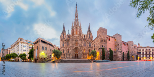 Panorama of Cathedral of the Holy Cross and Saint Eulalia during morning blue hour  Barri Gothic Quarter in Barcelona  Catalonia  Spain