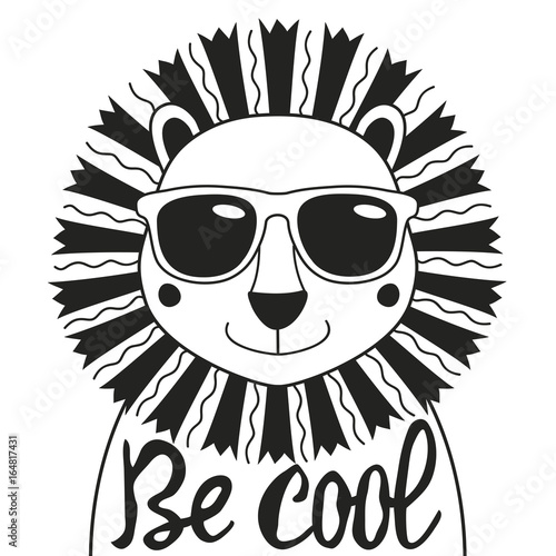 Fototapeta Naklejka Na Ścianę i Meble -  Vector illustration with stylish lion in sunglasses. Be cool - lettering quote.