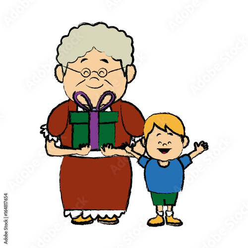 lovely grandma with grandson holding gift box