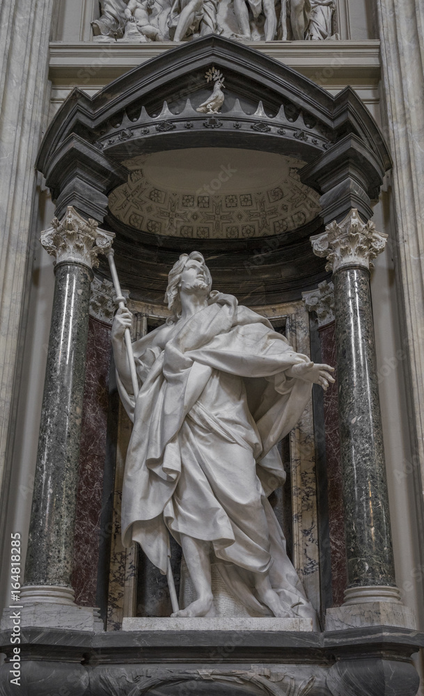 Marble statue disciple of Jesus the Apostle of St. James the Greater by Rusconi in Basilica di San Giovanni in Laterano (St. John Lateran basilica) in Rome. Rome, Italy, June 2017