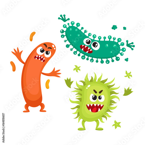 Set of ugly virus  germ and bacteria characters  cartoon vector illustration on white background. Collection of ugly  scary bacteria  virus  germ monsters with human faces and sharp teeth