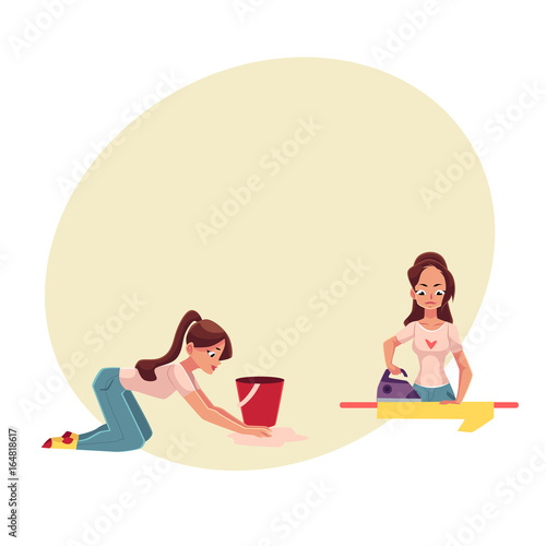 Pretty young woman, housewife doing housework - ironing, washing the floor, cartoon vector illustration with space for text. Beautiful woman, girl washing floor, ironing, cleaning her house