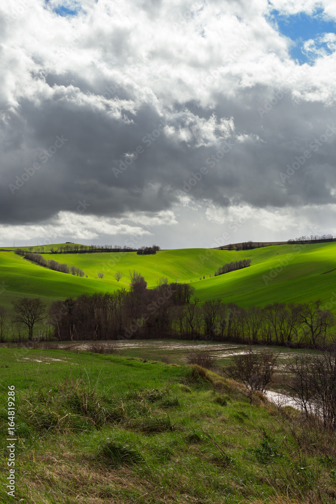 Natural landscape in a spring day, green fields and cloudy sky