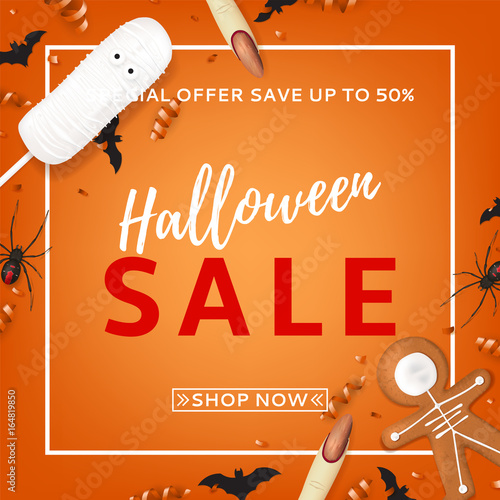 Orange background for halloween sale. Top view on paper bats, spiders and confetti. Vector illustration with cookies in form of skeleton gingerbread man. Special seasonal offer.