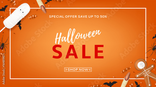 Orange web banner for halloween sale. Top view on paper bats, spiders and confetti. Vector illustration with cookies in form of skeleton gingerbread man. Special seasonal offer.