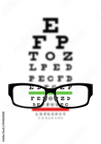 eye glasses and eye chart on white background