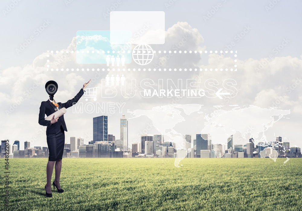 Camera headed woman standing on green grass against modern citys Camera headed woman standing on green grass against modern citys