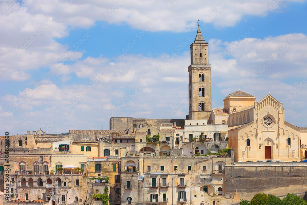 Beautiful Matera view of historical sassi and cathedral on the right side