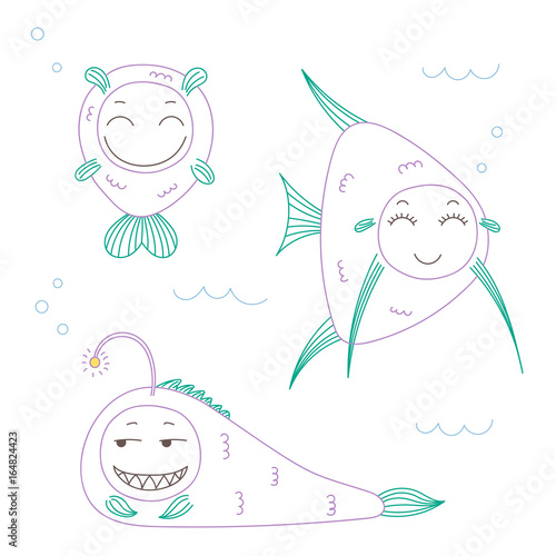 Hand drawn vector illustration of funny fish with cute faces with different expressions, swimming in the sea underwater.