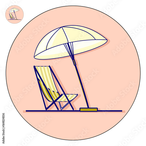 Beach chaise longue with umbrella vector flat illustration. Holiday icon