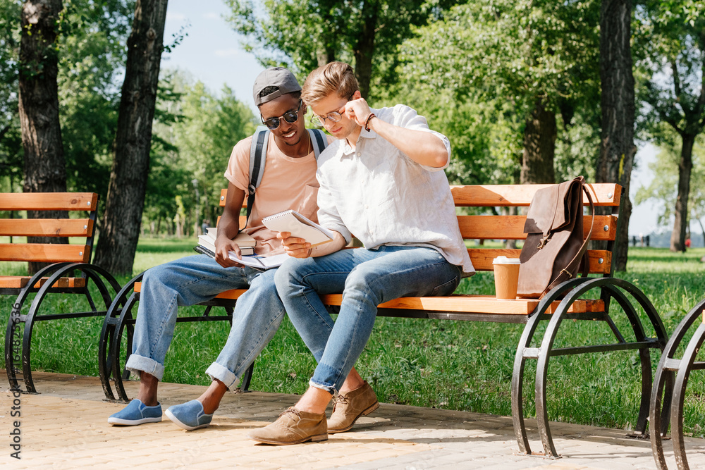 Fototapeta premium multicultural young students sitting on bench and studying in park together