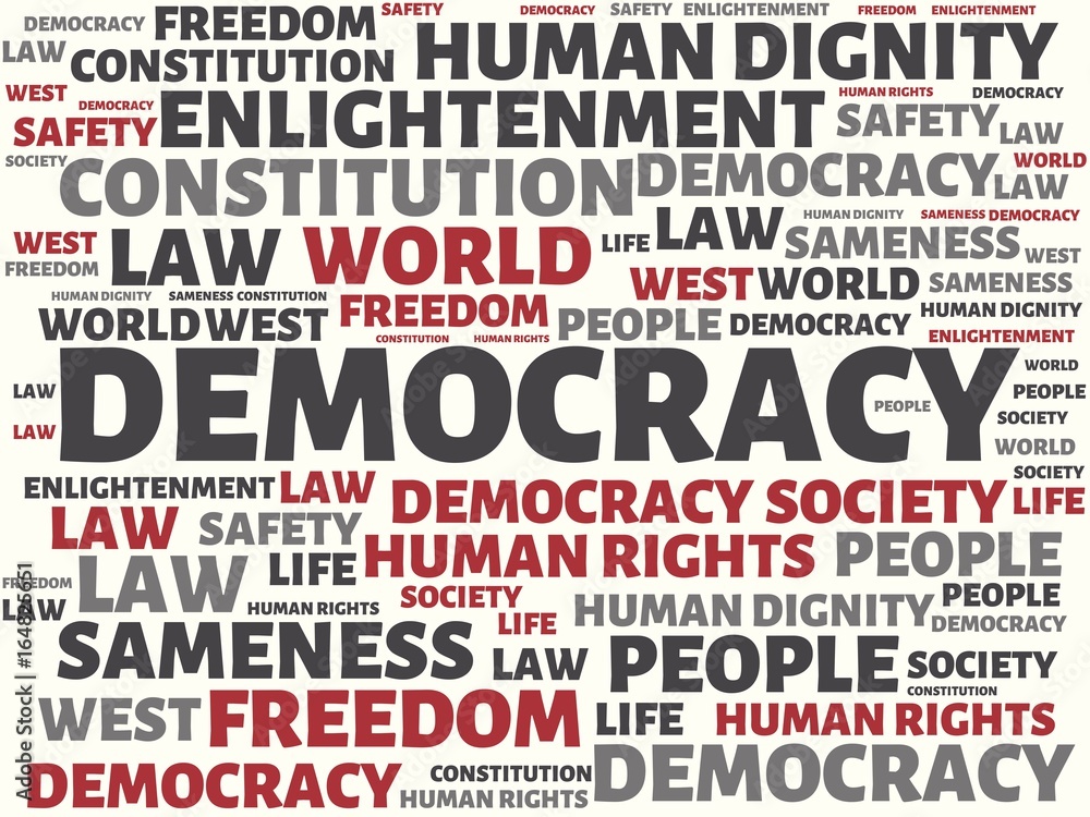 DEMOCRACY - UNFAIRNESS - image with words associated with the topic COMMUNITY OF VALUES, word, image, illustration DEMOCRACY - UNFAIRNESS - image with words associated with the topic COMMUNITY OF VALUES, word, image, illustration