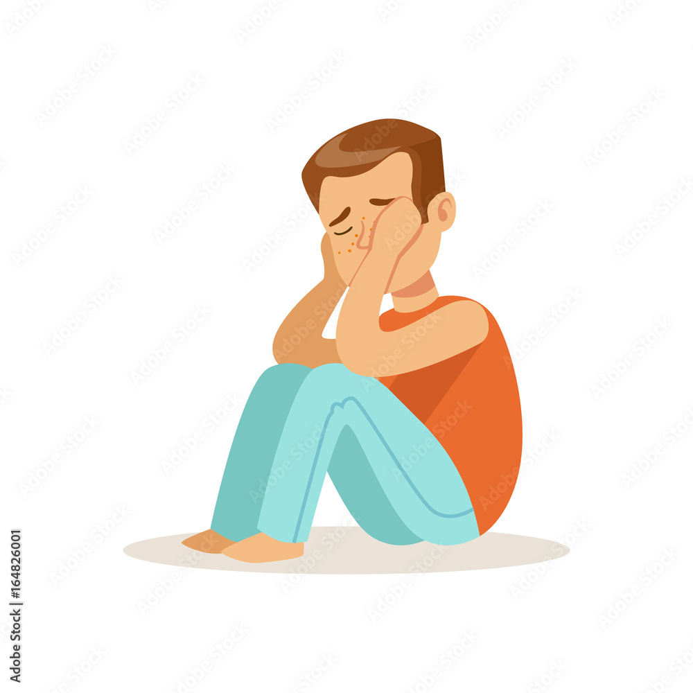 Stressed crying boy character sitting on tha floor vector Illustration Stressed crying boy character sitting on tha floor vector Illustration