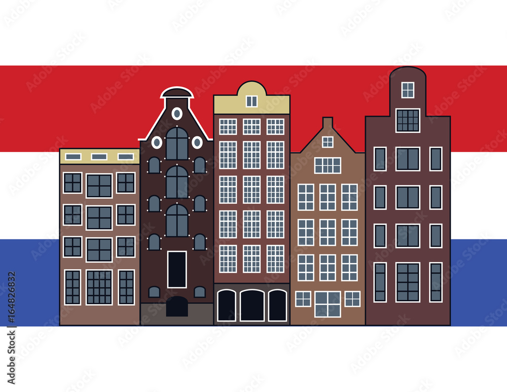 Vector illustration of Dutch houses. Amsterdam city buildings. Holland with flag and city view