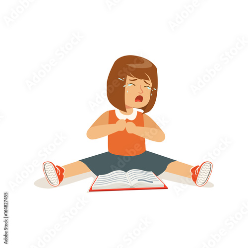 Weeping sad girl character sitting on the floor with an open book vector Illustration