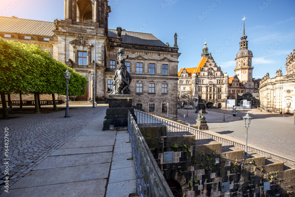 Morning view on the Schlossplatz and Bruhl terrace with church and city gates in Dresden city, Germany