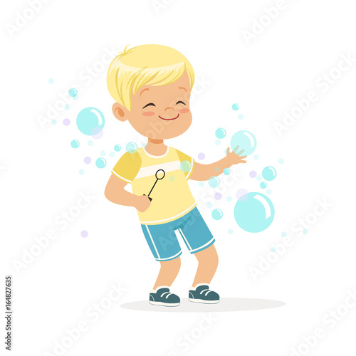 Cute little blonde boy playing bubbles vector Illustration © topvectors