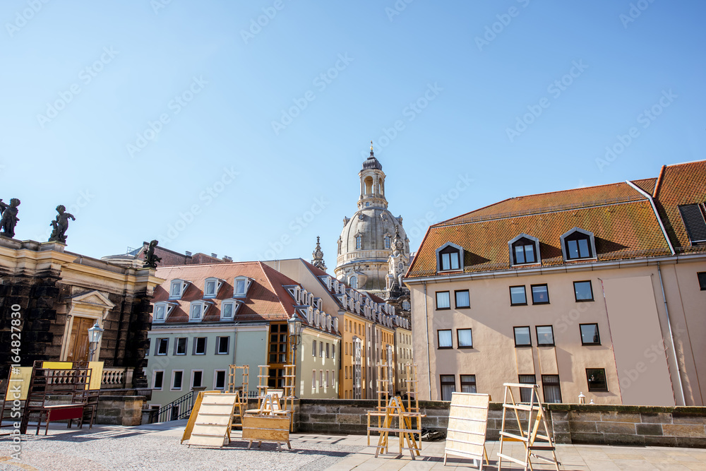 Morning view from the Bruhl terrace on the dome of Our Lady church in Dresden city, Germany