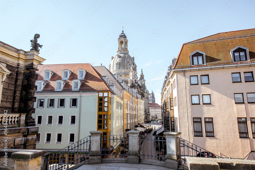 Morning view from the Bruhl terrace on the dome of Our Lady church in Dresden city, Germany