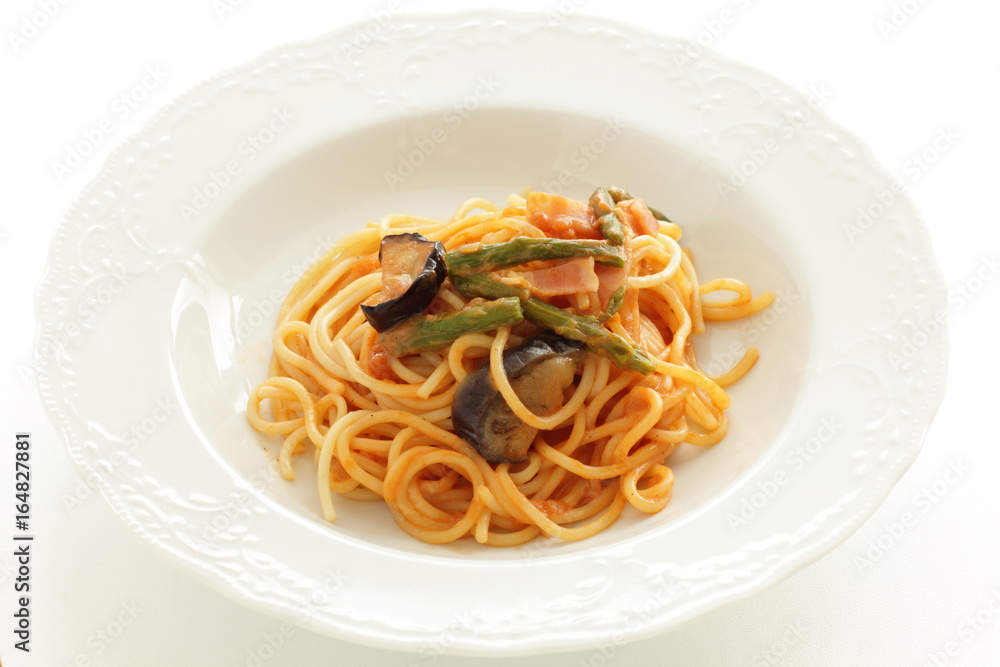 Italian food, eggplant and octopus spaghetti