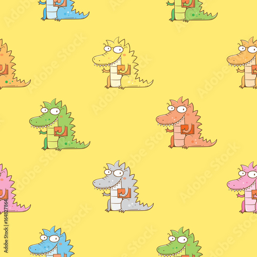 Seamless pattern  with cute cartoon dragon in glasses on yellow  background. Smart reptile with book. Funny animal. Vector contour image. Children s illustration.