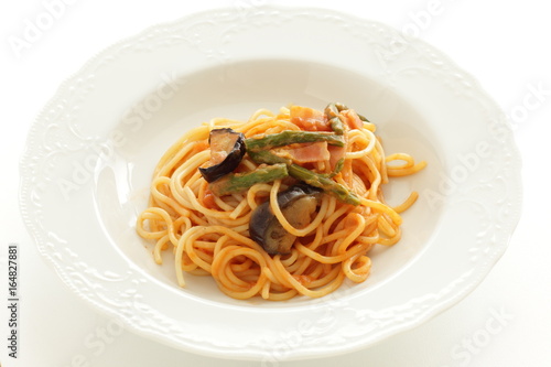 Italian food, eggplant and octopus spaghetti