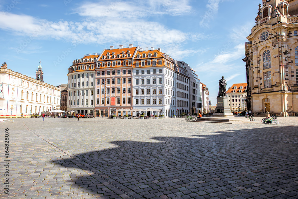 View on the main city square with beautiful buildings during the sunrise in Dresden city, Germany