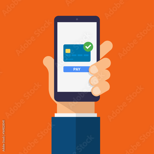 Payment page and credit card on smartphone screen with pay button. Hand holds the smartphone. Modern Flat design illustration.