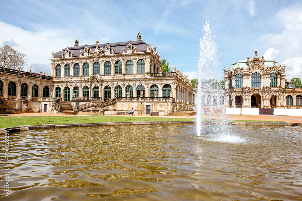 Inner courtyard of Zwinger palace with fountain in Dresden city, Germany