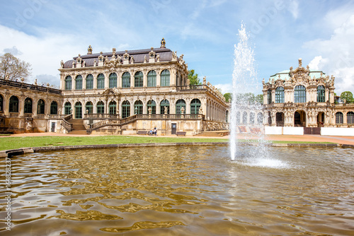 Inner courtyard of Zwinger palace with fountain in Dresden city, Germany
