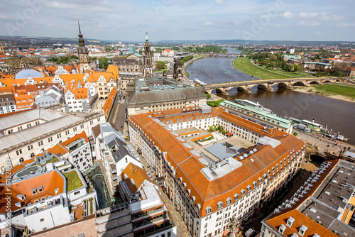 Aerial cityscape view on the old town with Elbe river in Dresden city, Germany