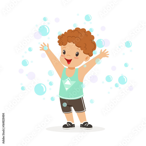 Happy redhead boy playing bubbles vector Illustration