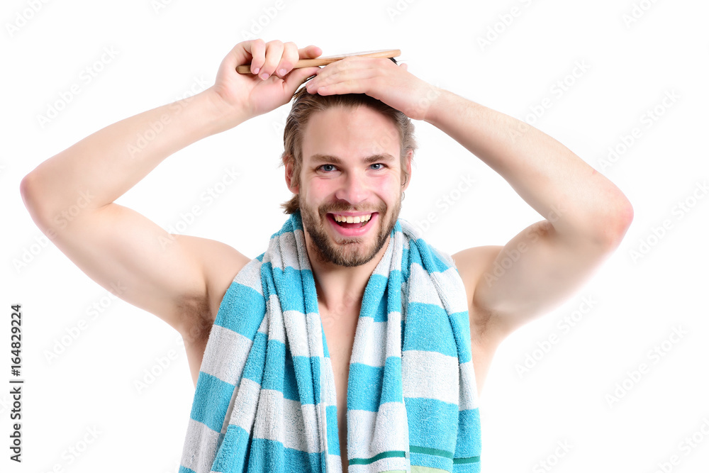 Man with naked torso, happy smiling face and beard Man with naked torso, happy smiling face and beard