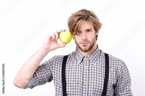 Idea of proper nutrition. Man with beard holds green apple © be free