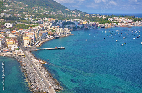 The view from the terraces of the Aragonese castle on Ischia island, a magnificent Bay and bridge